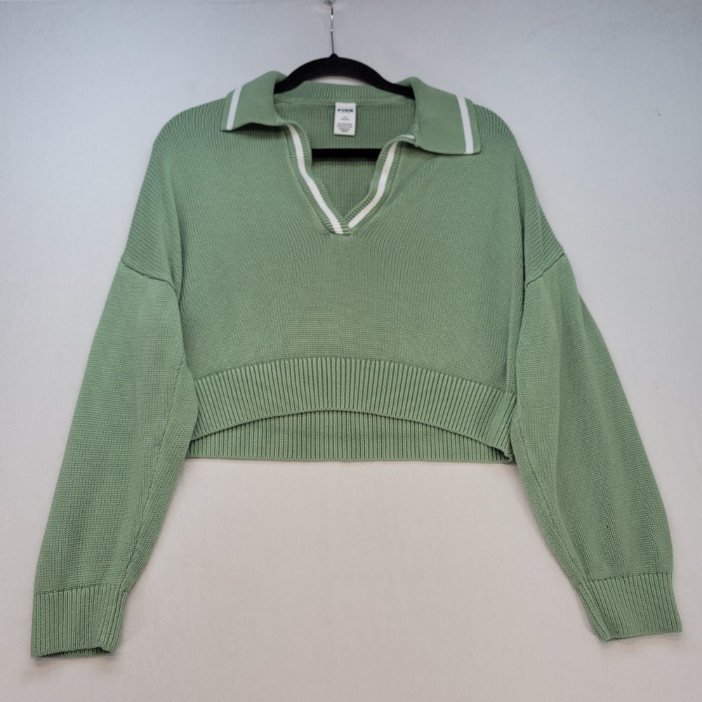 PINK Victoria's Secret Sweater Womens L Green Preppy Cropped V-Neck Polo Knit